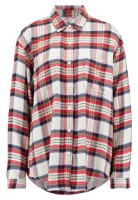 Camicia flanella a quadri rossa, blu navy e bianca con design a bottoni, maniche lunghe, due tasche sul petto e orlo curvo. Texture morbida.