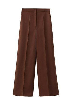 Rjave hlače z visokim pasom in širokimi hlačnicami, spredaj z gubami in z zaprtjem pasu na notranjo zadrgo.