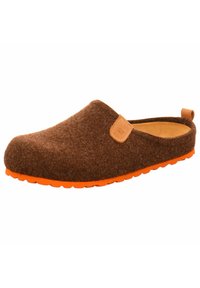 Rjave filcaste klompe z oranžno gumijasto podplatom, zaobljeno obliko in svetlo rjavo usnjeno obrobo na strani. Odprti zadnji del za enostavno obuvanje.