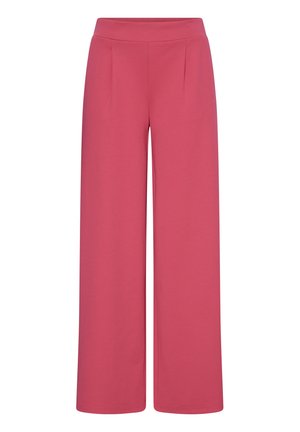 High-waisted women's wide-leg trousers in solid muted rose color with a flat waistband and subtle front pleats.