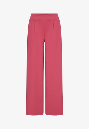 Sievišķas augsta vidukļa sieviešu bikses ar platiem starām un vienkrāsainu maigi rozā krāsu, platu jostasvietu un smalkām priekšējām kroplēm.