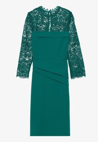 Robe bleu sarcelle avec manches longues en dentelle, col montant et détails plissés sur la jupe pour une silhouette ajustée. Superposition en dentelle aux épaules.