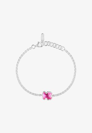 Pulsera de cadena de plata con un pequeño colgante de piedra preciosa en forma de mariposa rosa y cierre ajustable.