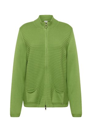 Grüner Strickcardigan mit Reißverschluss, hohem Kragen, strukturiertem Rippmuster, zwei Fronttaschen und einem Metallreißverschlussgriff. Hergestellt aus gestricktem Stoff.