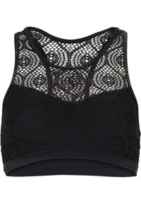 Bralette sportivo nero con sovrapposizione in pizzo testurizzato, caratterizzato da un elastico nero solido e un collo rotondo. Progettato per comfort e supporto.
