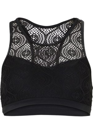 Bralette sportivo nero con sovrapposizione in pizzo testurizzato, caratterizzato da un elastico nero solido e un collo rotondo. Progettato per comfort e supporto.