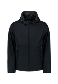 Zwarte hoodie met een voorrits en twee zijzakken. Bevat een verstelbare aantrekkoord bij de capuchon en een gladde stoftextuur.