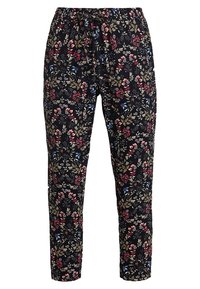 Svarta blommiga byxor med en mängd färgglada blommor och löv, tillverkade av ett lätt material med resårmidja och dragsko.