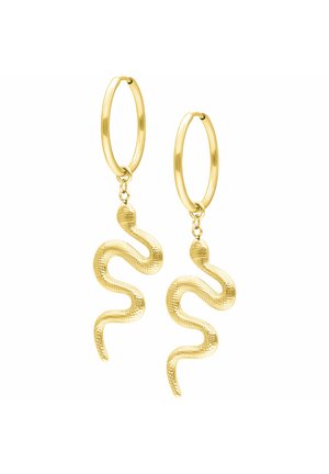 Gold hoop earrings with textured, dangling snake-shaped charms on a white background.