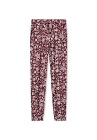 Pantaloni con motivo floreale bordeaux, dotati di una vita elasticizzata; realizzati in un tessuto leggero e testurizzato, con arricciature alla caviglia.