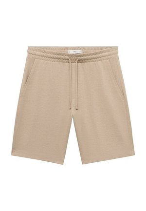 Shorts in cotone beige con una vita elasticizzata, cordino e tasche laterali. Caratterizzati da una texture liscia e un taglio alla lunghezza del ginocchio.