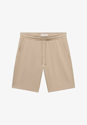 Beige Baumwollshorts mit elastischem Bund, Kordelzug und Seitentaschen. Verfügt über eine glatte Textur und einen knielangen Schnitt.