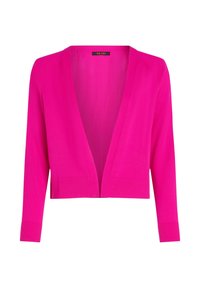 Cardigan fucsia con un escote en V profundo, puños y dobladillo acanalados. Tejido ligero, diseño de apertura frontal. Apto para superponer.