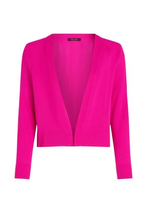 Fuchsia Cardigan mit tiefem V-Ausschnitt, gerippten Bündchen und Saum. Leichtes Strickmaterial, offen geschnittenes Design. Geeignet zum Layering.