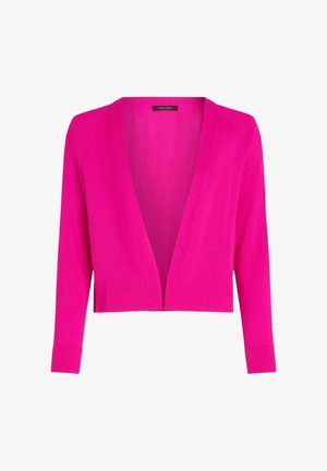 Fuchsia Cardigan mit tiefem V-Ausschnitt, gerippten Bündchen und Saum. Leichtes Strickmaterial, offen geschnittenes Design. Geeignet zum Layering.