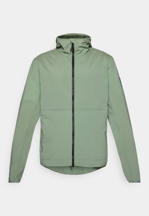 Light green, hooded jacket with a front zipper, long sleeves, and a rounded hem. Made of a smooth, lightweight material.