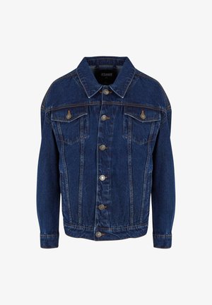 Dark blue denim jacket with long sleeves, button front, two chest flap pockets, and contrast stitching on a white background.