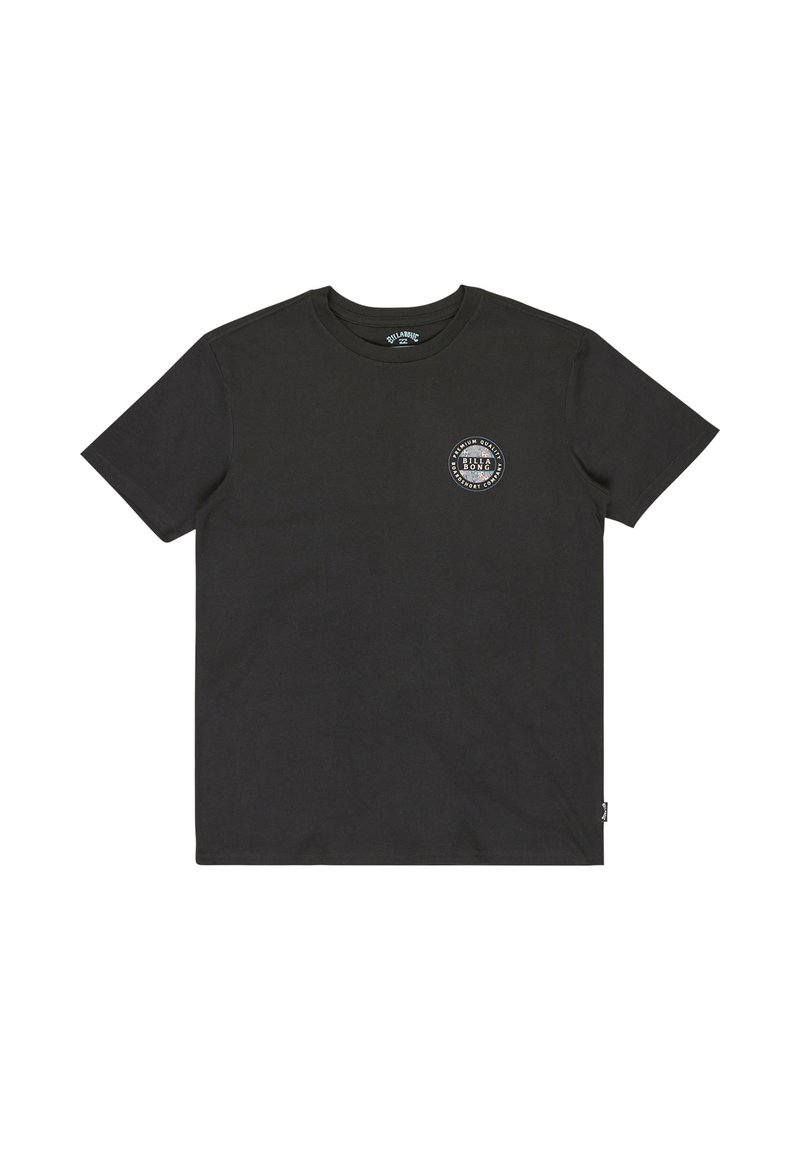 Zwarte katoen t-shirt met een ronde hals, voorzien van een cirkelvormig logo bedrukt op de linkerkant van de borst. Korte mouwen, standaard pasvorm.
