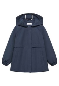 Granatowa bluza z kapturem, z długimi rękawami, elastycznymi mankietami, przednimi kieszeniami oraz ukrytym zapięciem na zamek i zatrzask.