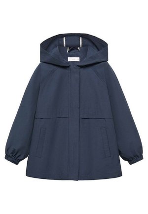 Marineblauwe hoodie met lange mouwen, elastische manchetten, voortassen en een verborgen rits en drukknoopsluiting aan de voorkant.