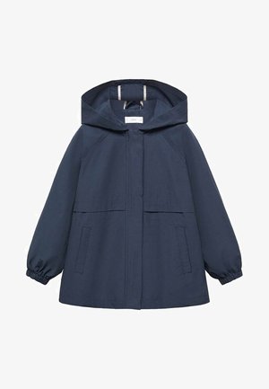 Giacca a vento blu navy con cappuccio, maniche lunghe, polsini elasticizzati, tasche frontali e chiusura nascosta con zip frontale e bottoni a scatto.