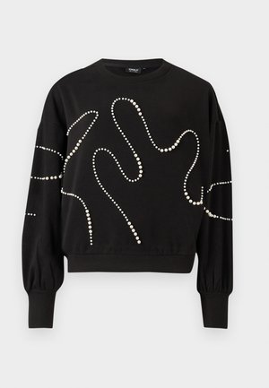 Schwarzer Pullover mit langen Ärmeln, der ein wellenförmiges Muster aus weißen Perlen an der Vorderseite und dem Arm aufweist. Rippbündchen am Saum und an den Ärmeln.