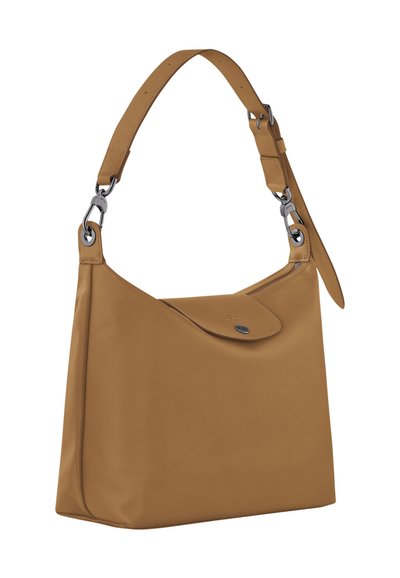 Brown leather shoulder bag with a smooth texture, structured design, and a single adjustable strap. Features a flap closure and silver accents.