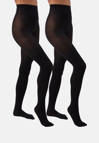 Black opaque tights featuring a smooth texture and fitted design. Represented in two views showing the full leg length.