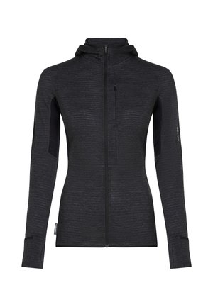 Dunkelgraue Kapuzenjacke mit durchgehendem Reißverschluss, langen Ärmeln, Daumenlöchern, Reißverschlusstasche auf der Brust und figurbetonter Schnitt.