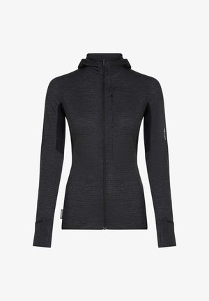 Dunkelgraue Kapuzenjacke mit durchgehendem Reißverschluss, langen Ärmeln, Daumenlöchern, Reißverschlusstasche auf der Brust und figurbetonter Schnitt.