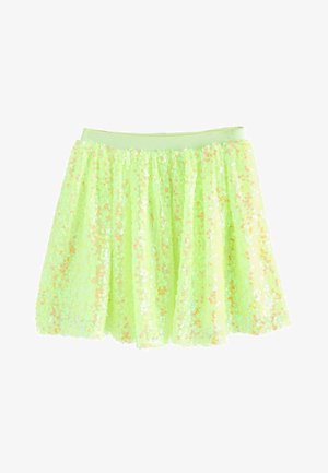 Zöld flitteres szoknya gumírozott derékrésszel, bővülő szabással és fénylő felülettel, melyet a fényes, élénk színű flitterek rétegződése ad.