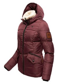 Burgundy puffer jacket with a fur-lined hood, zippered closure, side pocket with flap, and logo patch on the sleeve. Textured fabric.