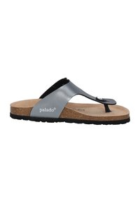 Gray faux leather flip-flop sandal with a black toe post, cork footbed, and textured rubber outsole. Features logo on side.