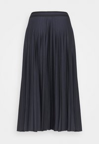 Falda midi plisada azul marino con una cinturilla ancha negra. Hecha de tela ligera, presenta pliegues verticales para un diseño fluido.