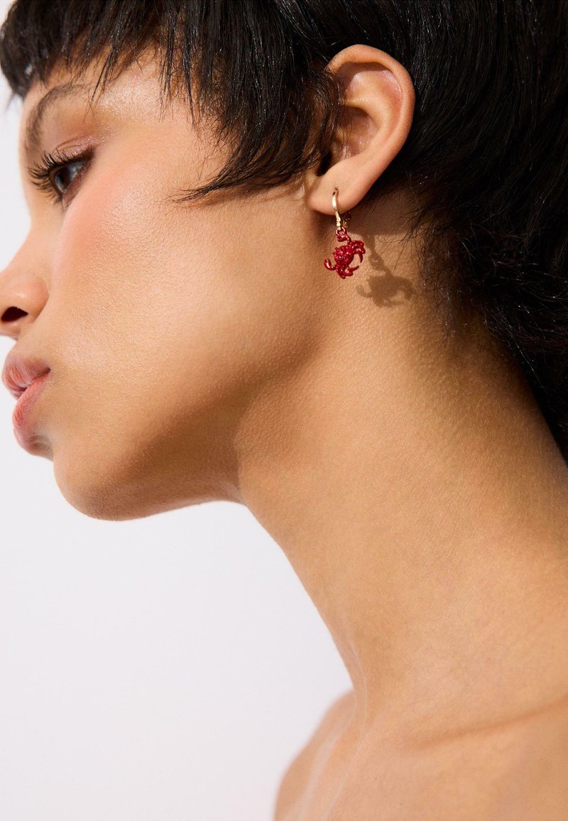 Gros plan d'une personne aux cheveux courts et foncés portant une boucle d'oreille rouge en forme de crabe suspendue à l'oreille gauche, sur fond blanc.