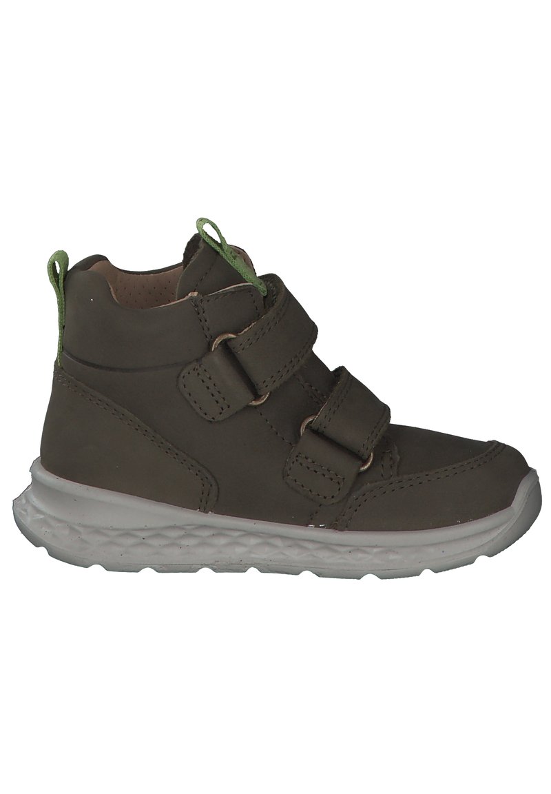 Dunkelgrüner Leder-Hochschuh mit zwei verstellbaren Klettverschlüssen, weißer Gummisohle und gepolsterter Knöchelstütze. Niedrige, strukturierte Akzente.