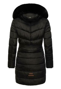 Black puffer coat with a detachable black faux fur hood, elastic waist, chevron stitching, and brown accents near the hem.
