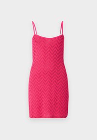 Rozā bezpiedurkņu mini kleita ar zigzaga rakstu, ar plānām siksnām un pieguļošu dizainu. Izgatavota no viegla, teksturēta materiāla.