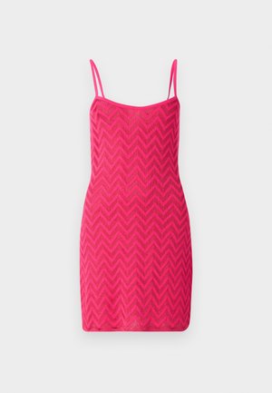 Roosa ilma varrukateta mini kleit, millel on žakaarmuster, õhukeste rihmade ja keha lähedaselt istuva disainiga. Valmistatud kergest, tekstuuritud materjalist.