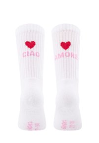 Weiße gerippte Socken mit pinkem Text "CIAO" und "AMORE" sowie roten Herzdetails. Größen- und Pflegehinweise sind an der Spitze gedruckt.