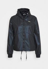 Black lightweight hooded jacket with front zipper, elastic cuffs, drawstrings at hem, and small Puma logo on chest.