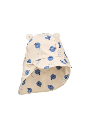 Παιδικό καπέλο-κουβάς από μπεζ ύφασμα, με σχέδιο από μπλε θαλάσσια πλάσματα, φαρδιά γείσο και μικρά αρκουδάκια αυτιά στην κορυφή.