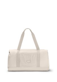 Beige Duffel-Tasche aus strapazierfähigem Stoff, mit zwei flachen Griffen, einem Reißverschluss und einer Fronttasche mit Logoplatte. Glatte Textur.