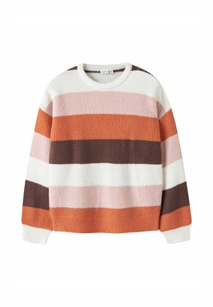 Pull rayé dans des tons d'orange, de marron, de rose et de blanc. Fabriqué en tissu tricoté texturé avec un col rond et des manches longues.