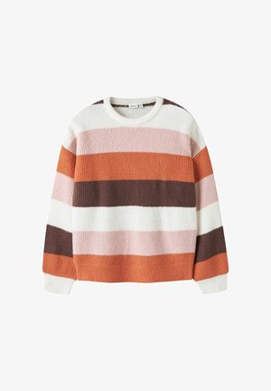 Suéter a rayas en tonos de naranja, marrón, rosa y blanco. Fabricado con un tejido de punto texturizado, con un cuello redondo y mangas largas.