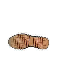 Shoe sole featuring a flexible, textured rubber design; orange color with a patterned tread for grip; rounded toe with black edges.