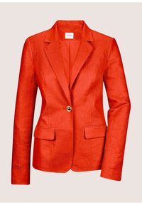 Rode linnen blazer met een notch-revers, een enkele gouden knoop, twee voorzakken en een lichtjes gestructureerde afwerking. Slim fit.