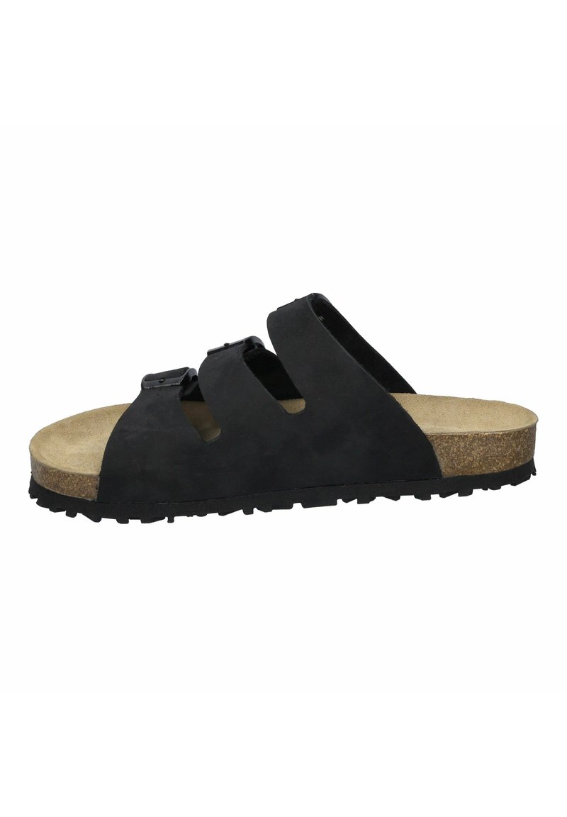 Black slide sandal with three adjustable straps, cork footbed, rubber sole, and textured surface. Features a rounded toe design.