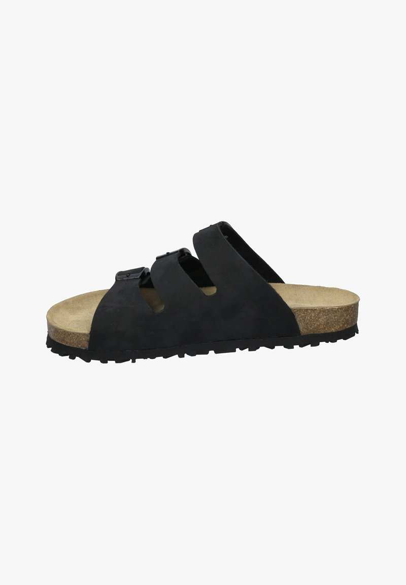 Black slide sandal with three adjustable straps, cork footbed, rubber sole, and textured surface. Features a rounded toe design.
