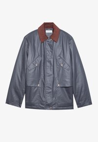 Gray waterproof jacket with a brown corduroy collar, featuring two front pockets and a button closure. Smooth texture and relaxed fit.